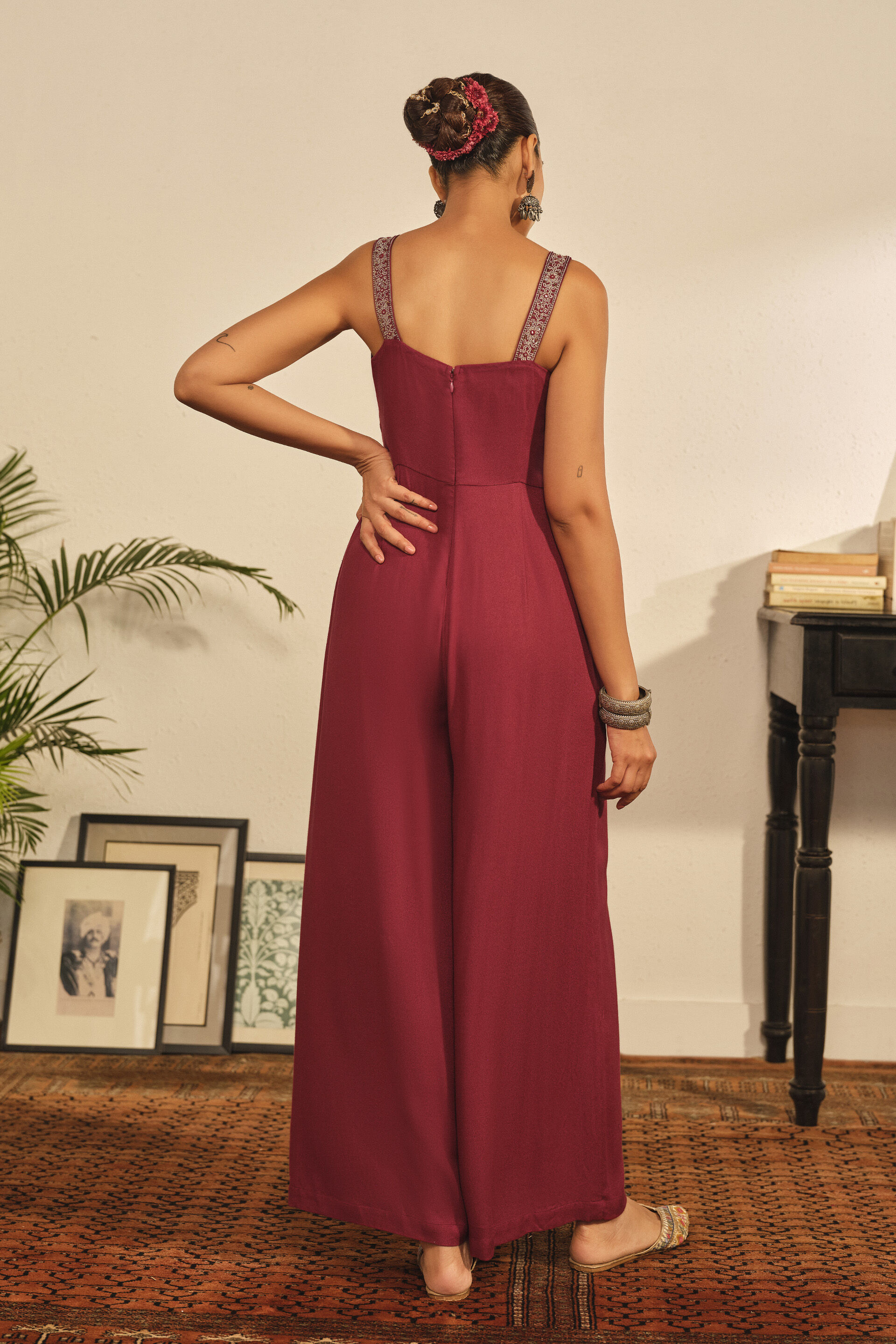 Embroidered Jumpsuit in Maroon, Maroon, image 3